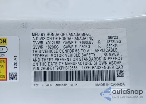 2023 Honda Civic Touring z USA, uszkodzony, nr VIN 2HGFE1F9XPH319856